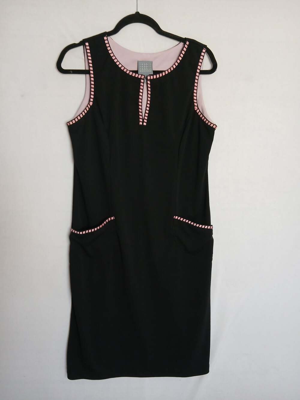 VTG Y2K Rabbit Rabbit Rabbit Designs Dress Sz 12 Black Pink Trim 60s Mod Style